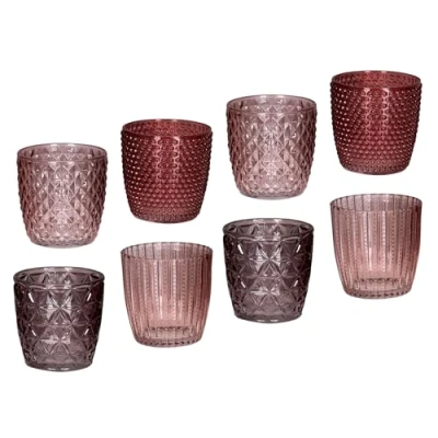 Afbeelding van levandeo Set van 8 windlicht H7,5 cm glas roze theelichthouder kaarsen retro kaars kaarsenhouder tafeldecoratie decoratie