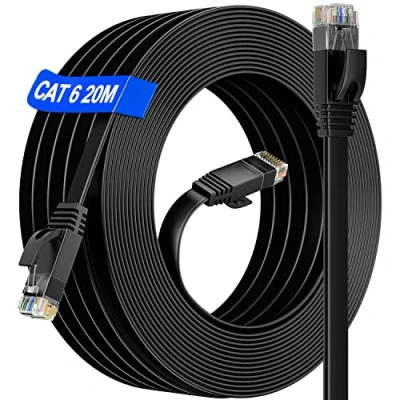 Afbeelding van Internet Kabel 20 meter zwart, Cat6 Platte Ethernet Gigabit Netwerkkabel 20m, Hoge snelheid LAN 250MHz, RJ45 witte Patchkabel voor Router, Switch, Modem, PS5/4 (20 Clips)