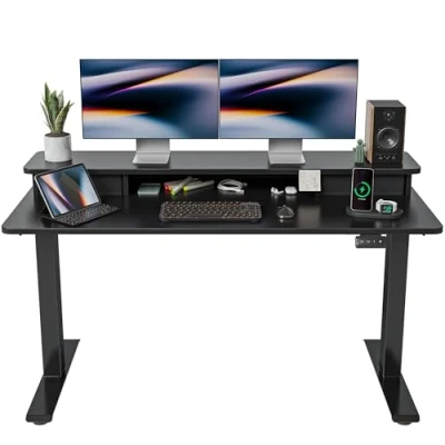 Afbeelding van FEZIBO In hoogte verstelbaar elektrisch sta bureau met dubbele lade, 140 x 60 cm tafel opbergplank, zit gesplitst werkblad, zwart frame/zwart blad