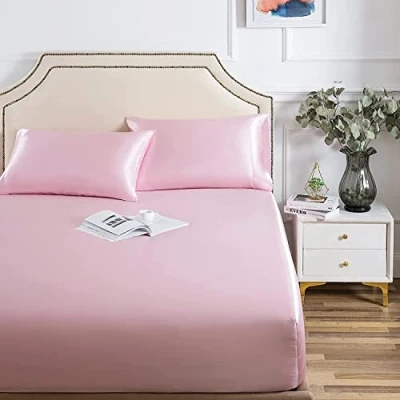 Afbeelding van Damier Satijnen hoeslaken, 180 x 200 cm, roze, zijdeglans, luxe geschikt voor matrassen tot 25 30 cm