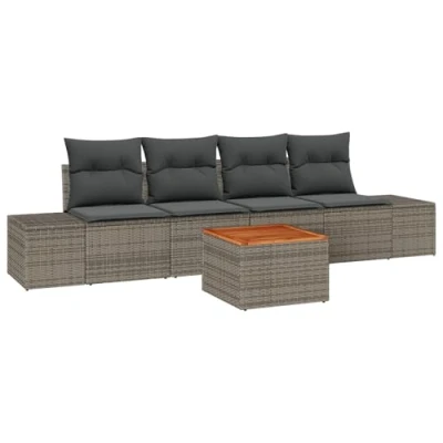 Afbeelding van vidaXL 5 delige Tuinbankenset met Kussens Grijs Poly Rattan Acacia