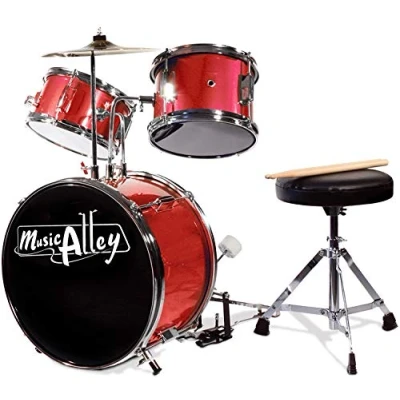Afbeelding van Music Alley DBJK02 MR Driedelig junior drumstel voor kinderen met cymbaalpedaal, drumkruk en drumsticks, metaalrood