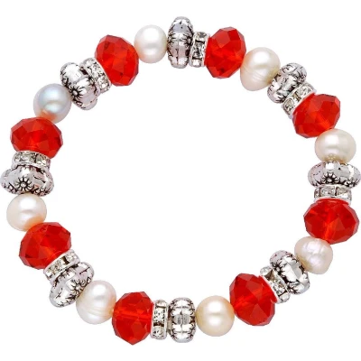 Afbeelding van Behave Elastische armband metaal met rode facet kralen en beige zoetwaterparels