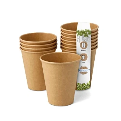 Afbeelding van GREENBOX Composteerbare biologische wegwerpbekers, drankbekers, papieren bekers met PLA coating, 50 stuks, koffiebeker to go, bruin ongebleekt, 250 ml