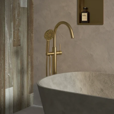 Afbeelding van Brauer Gold Edition Staande Badkraan handdouche rond 3 standen 2 gladde knoppen PVD geborsteld goud