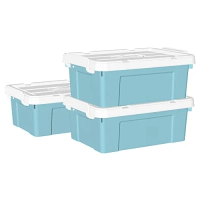 Afbeelding van Cetomo 15L*3 Plastic Opbergdoos, Draagdoos, Organiserende Container met Duurzaam Deksel en Veilige Sluitende Gespen, Stapelbaar Nestbaar, 3Pack, Blauw Gesp