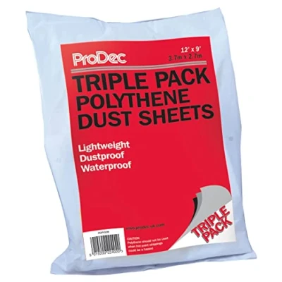 Afbeelding van ProDec Triple Pack 12 &#039; x 9 Lichtgewicht Polytheen Stofblad voor het beschermen van vloeren en meubels tegen verf stof