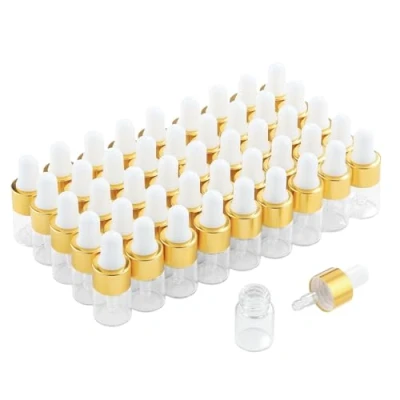 Afbeelding van Parfumlism 50 stuks mini druppelflessen, lege glazen flesjes met gouden deksels, parfummonsters voor etherische oliën, lichaamsolie en vloeistoffen (2 ml)
