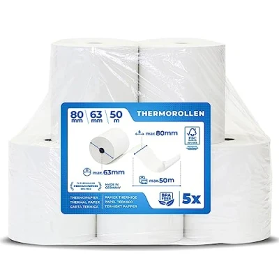 Afbeelding van 5 stuks premium thermorollen 80 mm x 63 12 50 m thermisch papier bonrollen (80 12) gecertificeerd voor kassabonprinters zoals IBM, Metapace en nog veel meer