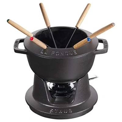 Afbeelding van STAUB Fondueset met 6 vorken, geschikt voor kaas , chocolade en vleesfondue, gietijzer, zwart, 18 cm