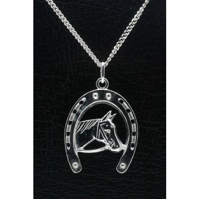 Afbeelding van Zilveren Hoef paardenhoofd ketting hanger XL