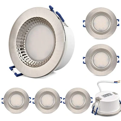 Afbeelding van KYOTECH LED inbouwspot, ultra vlak, IP65, 6 W, 230 V, 500 lm, warm wit, 3000 K, vochtige ruimte, waterdicht, inbouwverlichting, badkamer, plafondspot, geborsteld nikkel, set van