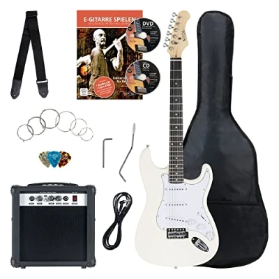 Afbeelding van Rocktile Banger&#039;s Pack Elektrische Gitaar Wit E elektrisch met 3 Single Coil pickups Set Gitaarversterker, Gitaarsnaren, Riem, Gitaartas en Kabel