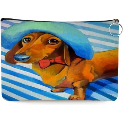 Afbeelding van teckel etui toilettas make up tas linnen blauw hond 25x17cm gestreept met hoed