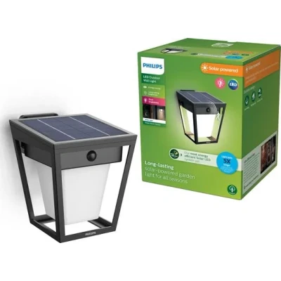 Afbeelding van Philips Nissa wandlamp UltraEfficient LED Solar buitenlamp Helder warm licht; 3000K Zwart Bewegingssensor Zonne energie Schemersensor