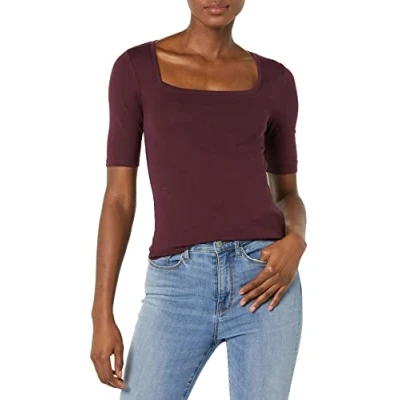 Afbeelding van Amazon Essentials Women&#039;s T shirt met halve mouwen, vierkante hals en slanke pasvorm, Bordeauxrood, XS