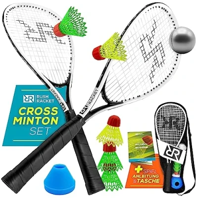Afbeelding van Rush Racket Set RS3 Speed badmintonset, 5 delig (2 x rackets, shuttles, 1 softbal, 8 veldmarkering, draagtas) crossmintonset turbo badmintonset speedbadmintonset (wit)