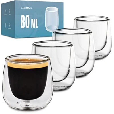 Afbeelding van 4 Dubbelwandige Espresso Thermische Glazen 80ml Houdt u langer warm Beschermt uw handen Met geschenkverpakking