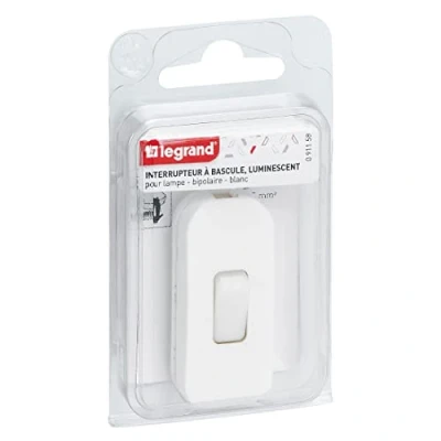 Afbeelding van Legrand, Tuimelschakelaar voor lampen, tweepolig, met oplichtende knop, 2A, 250V, kleur: wit, vervangende schakelaar, bediening van een bedlamp/staande lamp/bureaulamp, 091158
