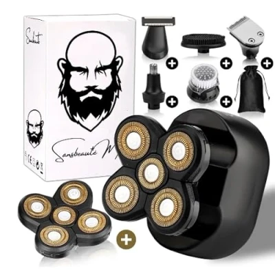 Afbeelding van 6 in 1 Scheerapparaat Mannen + Extra Scheerkop Trimmer Tondeuse Sansbeauté® SkullSharp Classic Skull Shaver Electric Face &amp; Head Hoofd Kaal Scheren Nat Droog Elektrisch