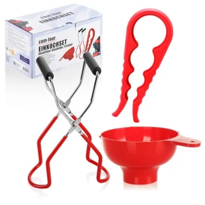Afbeelding van COM FOUR® 3 delige inmaakset, pottenlifter, trechter voor het vullen en een pottenopener eenvoudig openen van strakke deksels (Startset stuks)