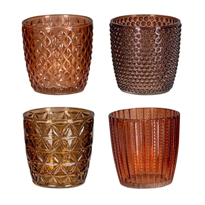 Afbeelding van levandeo Set van 4 windlicht H7,5 cm glas oranje bruin theelichthouder tafeldecoratie kaarsen herfst retro kaars transparant kaarsenhouder decoratie