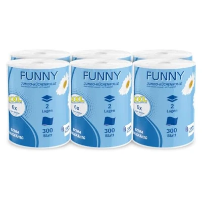 Afbeelding van Funny Jumbo keukenrol XXL 2 laags, 100% absorberende cellulose, 300 vellen/rol voordeelverpakking met 6 rollen draaggreep, 22,4 x 21 cm ideaal voor keuken, badkamer en huishouden