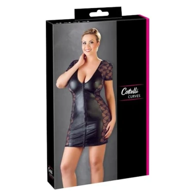 Afbeelding van Cottelli Plus Size Sexy Wetlook Mini Jurk met Transparante Zijstukken voor Optimaal Verleidelijkheid Maat 3XL Zwart