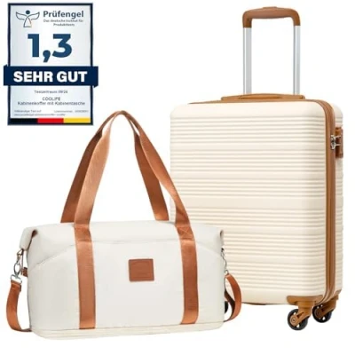 Afbeelding van COOLIFE Ryanair Handbagagekoffe (55x40x20) Cabin Trolley Reiskoffer Bagage Lichtgewicht incl. TSA slot en ABS harde schaal,en 25L Handbagage Koffer (Wit Bruin, 55x40x20 Set 2pcs)