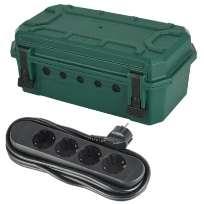 Afbeelding van Electraline 92433 Waterdichte bescherming IP54 met meervoudig stopcontact, 4 sleuven kabel, 3 m, organizerbox, 5 uitgangen voor kabels (7,5 mm tot 12,4 mm), afmetingen 320 x 180 126 mm, groen, large