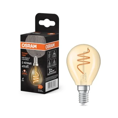 Afbeelding van OSRAM Vintage 1906 Classic ist eine warmweiße LED Lampe mit spiralförmigem Filament in klassischer Miniballform. Sie bietet 4.9 W, 470 lm, E14 Fassung, goldfarbenes Glas, 45 mm Durchmesser, 2200 K.