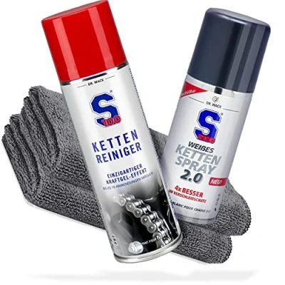 Afbeelding van Dr. Wack S100 kettingreiniger voor motorfiets, kettingreiniger, 300 ml, O/X/Z ring + witte kettingspray 100 ml 2 x detailmate microvezeldoek