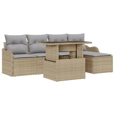 Afbeelding van vidaXL 6 delige tuin sofa set met kussens Beige Poly Riet, 2 zits opslag &amp; Riet