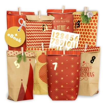 Afbeelding van AMARI ® Adventskalender om te vullen nr. 18 Red Mix 24 papieren adventszakjes (met houten knijpers) knutselen voor Kerstmis kerstzakjes