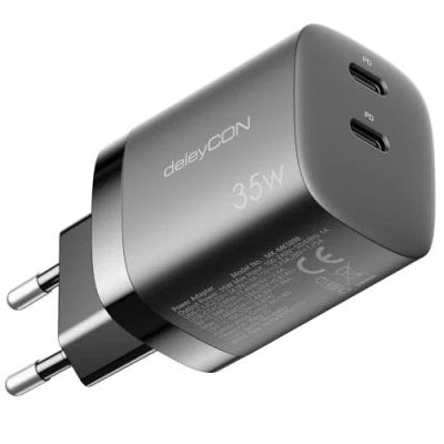 Afbeelding van deleyCON oplader USB C (2 poorten 35W snellader) voeding voor iPhone 15/14/13/12/11 iPad Galaxy S24/S23 Pixel mobiele telefoon PD 3.0 zwart