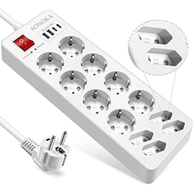 Afbeelding van Stekkerdoos met USB C 12 voudig,Stekkerdoos Overspanningsbeveiliging tot 1700 Joule,12 Stopcontacte en 4 Oplader Meervoudige Stekkerblok Schakelaar Meerstekker Verlengsnoer 1,5M,Zwart