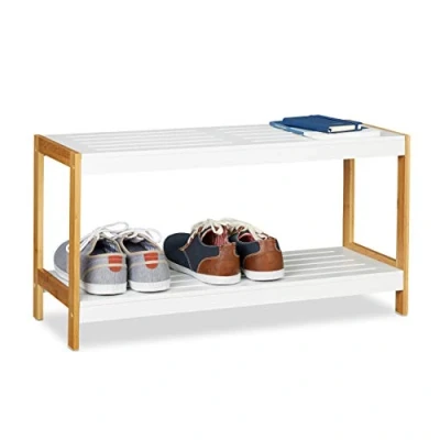 Afbeelding van Relaxdays schoenenrek 2 planken, robuust, van bamboe &amp; mdf, hal of gang, 36,5 x 70 26 cm, modern design, wit/natuur