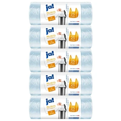 Afbeelding van ja! 150 vuilniszakken/vuilniszakken met handgreep, 25 liter, 30 stuks per rol, scheurvaste bodemnaad, transparant, 5 rollen