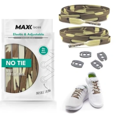 Afbeelding van MAXX laces Veters, rubber, elastisch, plat, instelbare spanning zonder strikken, elastische schoenveters met snelsluiting, flexibel voor alle soorten schoenen, 1 lengte in 30+ kleuren, One Size (camo)