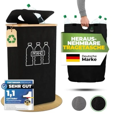 Afbeelding van COTTARA® Verzamelcontainer met deksel en draagtas, statiegeldhouder gat draaibaar, ideale statiegeldflessen, bewaren lege goederen, flessenverzamelaar voor keuken (zwart)