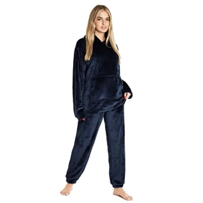 Afbeelding van CityComfort Damespyjama, fleece pyjama met capuchon voor dames en tieners, pluizige loungewear set, gezellige pyjama&#039;s, marineblauw, S