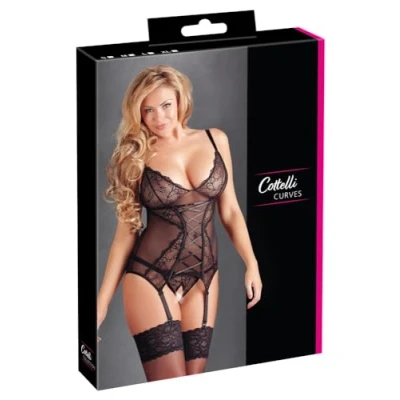 Afbeelding van Cottelli Plus Size Sexy Jarretel Set met Licht Transparante Motieven en Open Kruis Maat 4XL Zwart