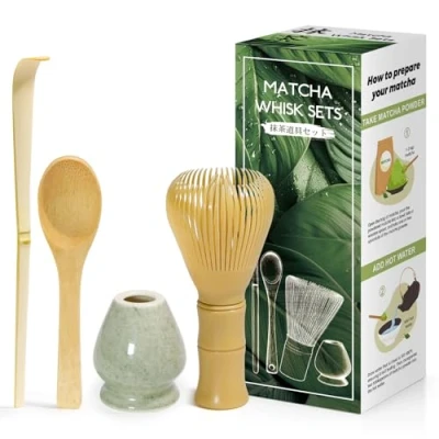 Afbeelding van 4 delige matcha set Japanse ceremonies, gele garde van naaldhout, bamboelepel, bamboeschep, gardehouder, voor theeceremonie, drank, groen