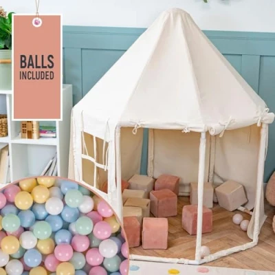 Afbeelding van KiddyMoon Kinder Tent Speeltent In Vorm Van Pavilion Met 400 Ballen/7Cm Voor Kinderkamer Natuurlijke Katoen Houten Stokken Ruime Speelhuisje Binnen En Buiten