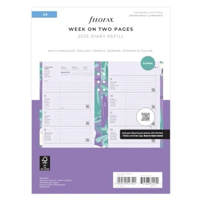 Afbeelding van Filofax A5 Geïllustreerde Bloemen Week op 2 Pagina&#039;s 2025 Dagboek Pack