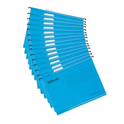 Afbeelding van Esselte A4 versterkte archiefkast ophangvijl, 15 stuks, gemaakt van sterke 100% gerecyclede kaart, met tabbladen en kaartinzetstukken, voor thuis, kantoor, school, organisatie, blauw