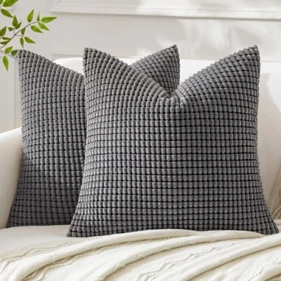 Afbeelding van MIULEE Zachte, effen, decoratieve, vierkante corduroy kussensloop met grote maïskorrels, gestreepte, dikke kussenhoes voor sofa, slaapkamer, 18 x inch / 45 cm, set van 2, grijs