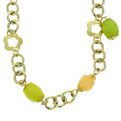 Afbeelding van Behave Lange goudkleurige schakelketting met bloemen en multi color kralen