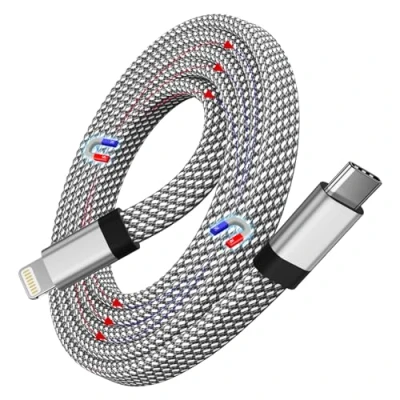 Afbeelding van Magtame USB C naar Light ning kabel, 1 m, magnetisch, telefoonkabel, C, plat, MFi gecertificeerd, oprolbare snellader van nylon, voor iPhone 14, 13 Pro, Max, 12, 11, XR, XS, X, 8 Plus, SE