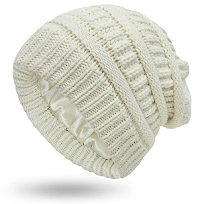 Afbeelding van Yixda Wintermuts voor dames, slouchy beanie, warme satijnen gevoerde gebreide muts, wit, 54 60